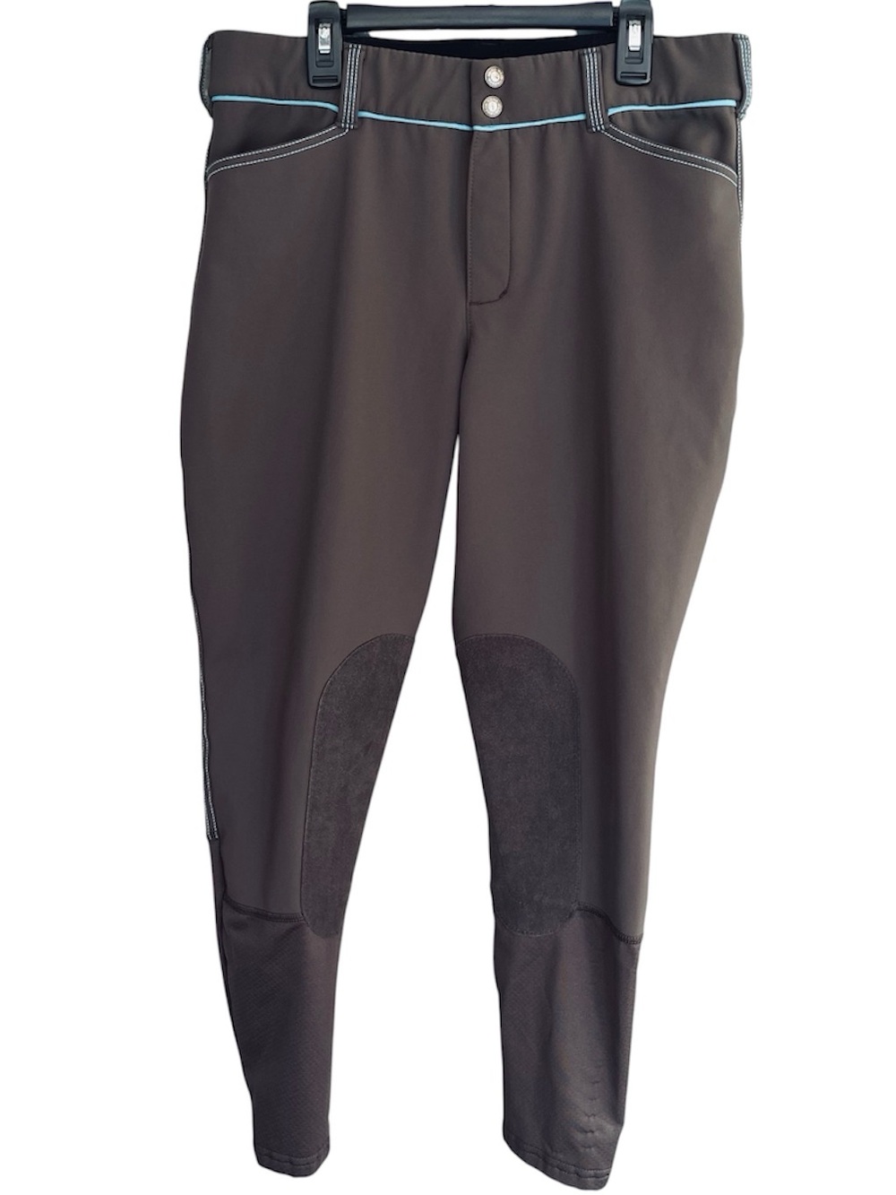 IRIDEON Equestrian Breeches Knee Patches Pockets Gray Blue Piping Size 32